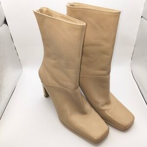 Amanda Smith Ankle Boots Women 5.5 Beige Leather‎ Square Toe Block Heel Fate